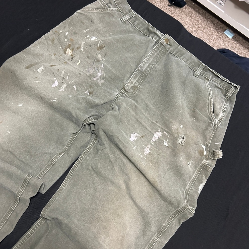 Vintage Carhartt Carpenter Pants Distressed Paint Splatter Green Workwear 44x30
